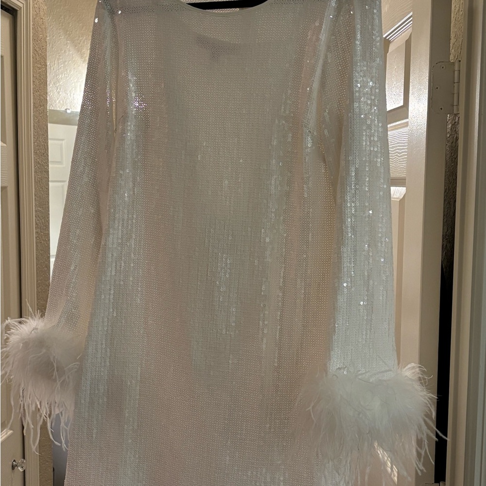 Anthropologie White Sequin Dress with Feather Cuffs